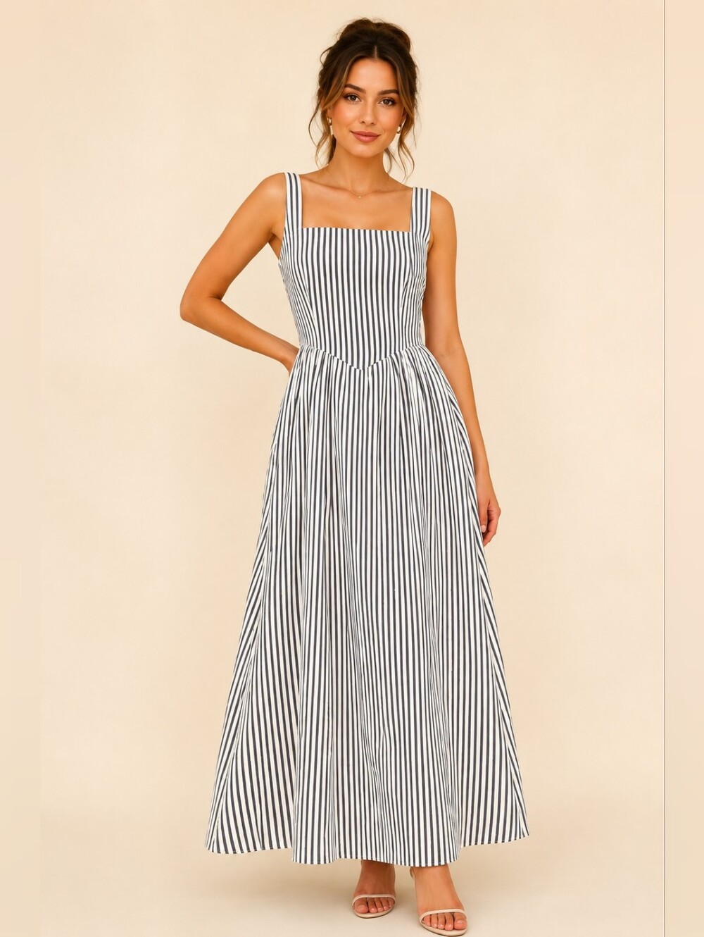 Wayf Black and White Vertical-Stripe Square-Neck Maxi Dress